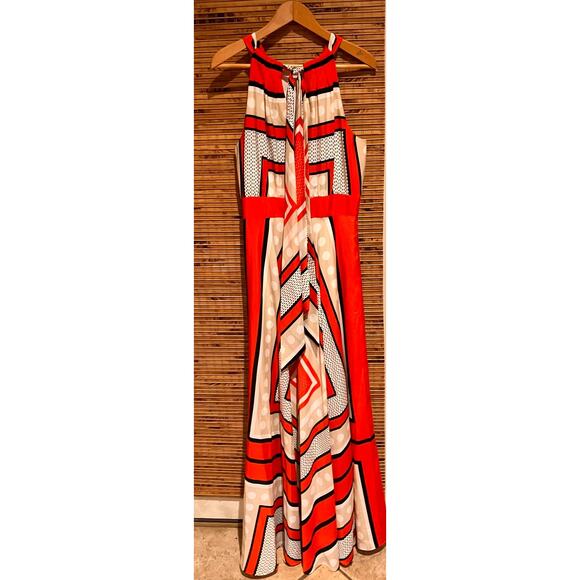 Eliza J Halter Maxi Dress Geometric Print Orange Beige Size 14 Wedding Resort - Picture 4 of 8
